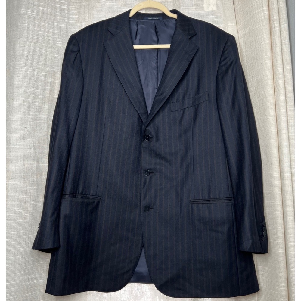Ermegegildo Zegna 100% Wool Blazer Navy Blue Brown Stripe Men's Size EU 58 US 48